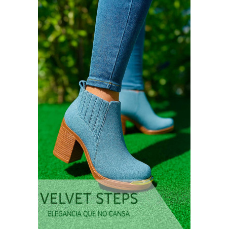Botín Denim Indigo Libre |con Taco de Madera | Velvet Steps